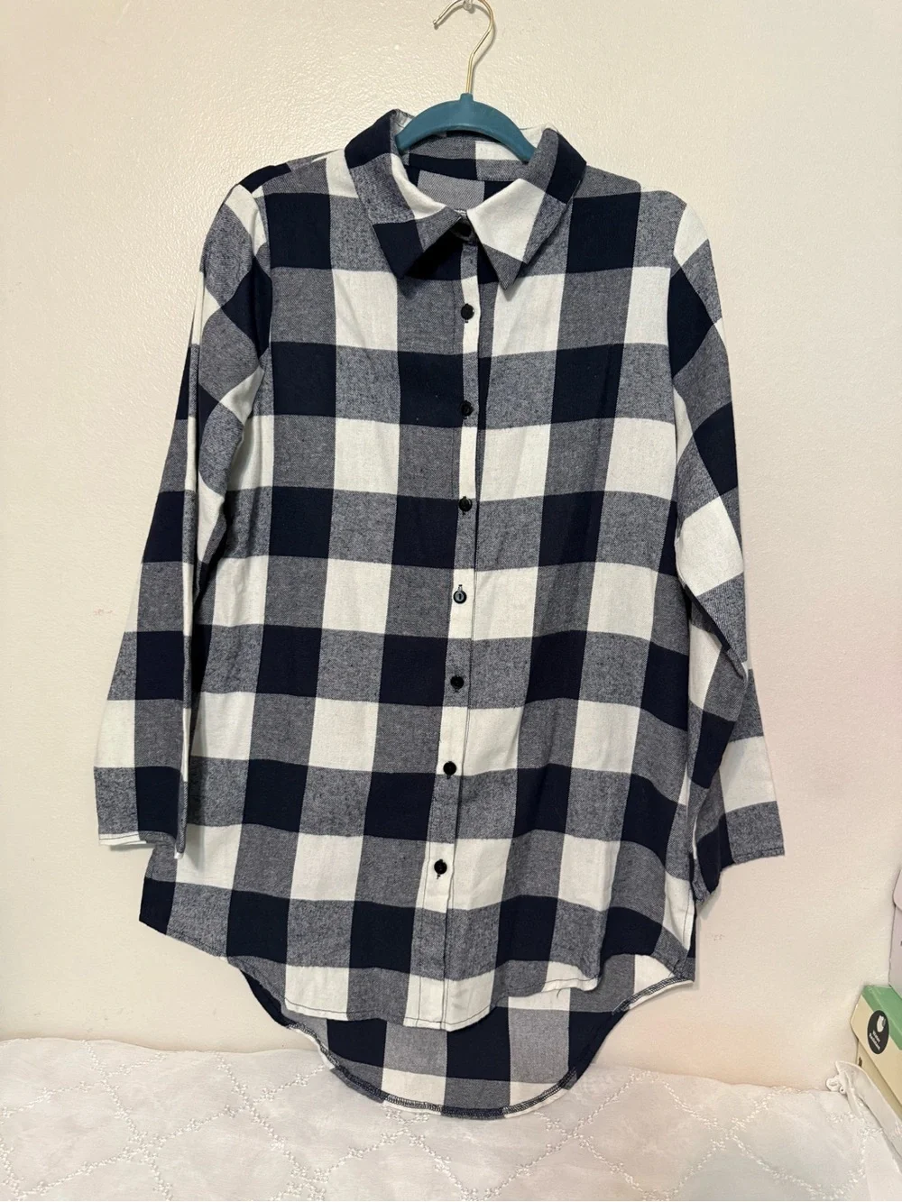 Black and White Buffalo Plaid Button-Down Tunic Top - Picture 2 of 7